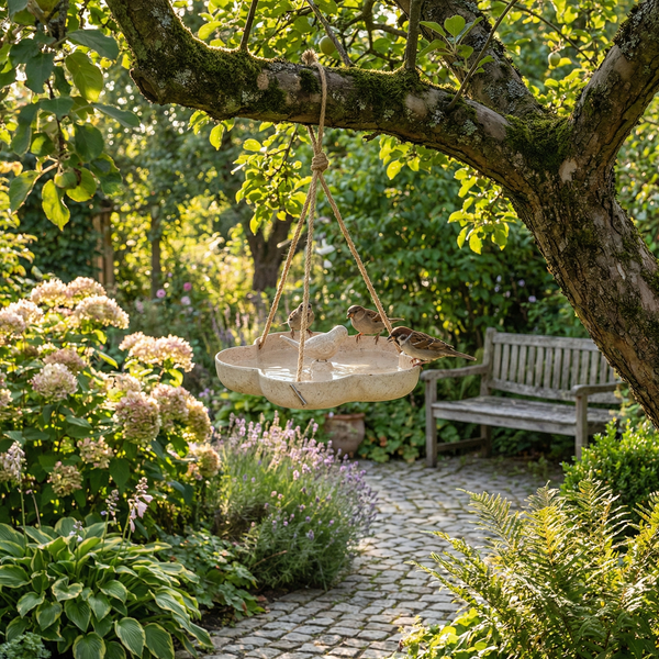 Hängende Vogeltränke im Garten mit Vögeln