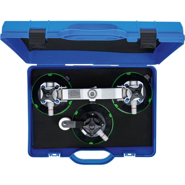 Glasheber mit drei Saugnäpfen im blauen Koffer