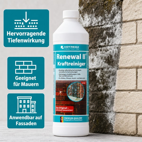HOTREGA Renewal Kraftreiniger Flasche für mineralische Verschmutzungen auf Mauern und Fassaden mit Tiefenwirkung.
