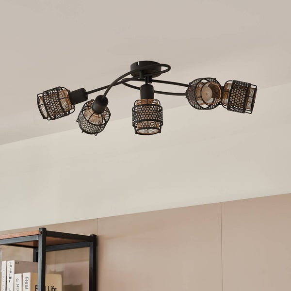 Deckenleuchte mit fünf Leuchten und Drahtschirmen