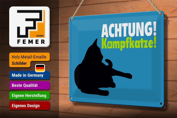 Blechschild Spruch 30x20cm Achtung Kampfkatze Katze blau