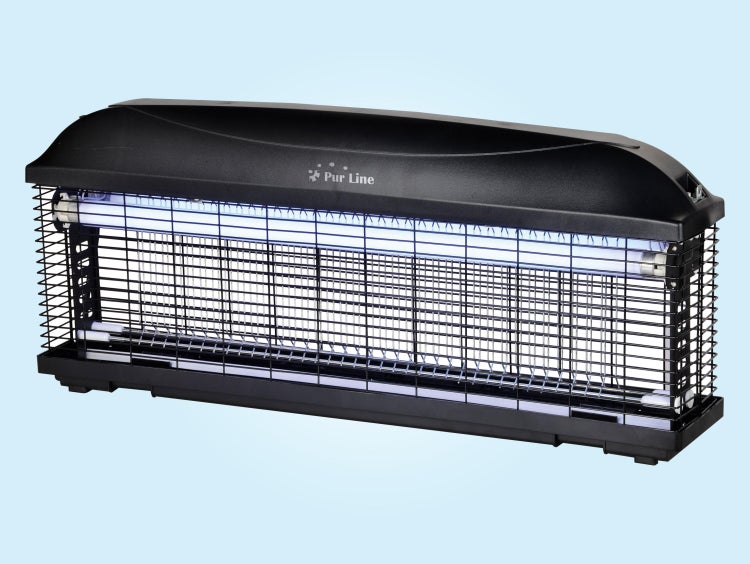 Elektrischer Insektenvernichter mit Leuchtstoffröhre und Schutzgitter.