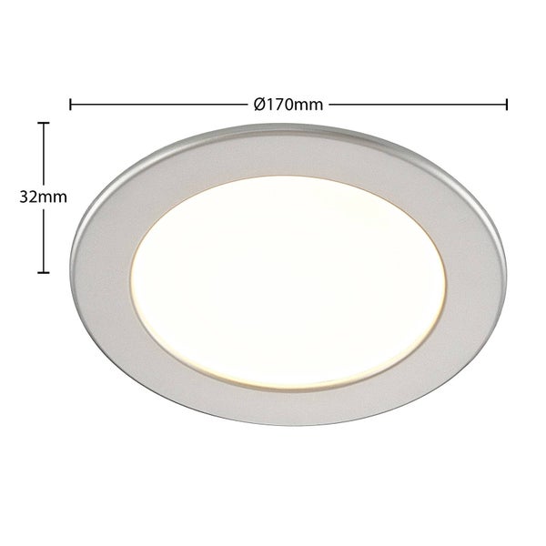 Runde LED Einbauleuchte mit einem Durchmesser von 170 Millimetern und einer Tiefe von 32 Millimetern.
