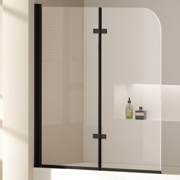 EMKE Badewannenaufsatz 2-teilig 120 x 140 cm faltbare Duschwand in Schwarz aus 6 mm ESG-Sicherheitsglas mit Nano-Beschichtung beidseitig montierbar