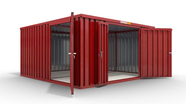 Lagercontainer Gerätehaus XL2  – 21 qm, H2150 x B5080 x T4340 mm, Außenwandlackierung RAL 3000 feuerrot, Dach außen verzinkt, mit Holzfußboden, 1830 mm Doppelflügeltür mittig in Stirnseite und 1270 mm Einflügeltür mittig in Modul C, montiert