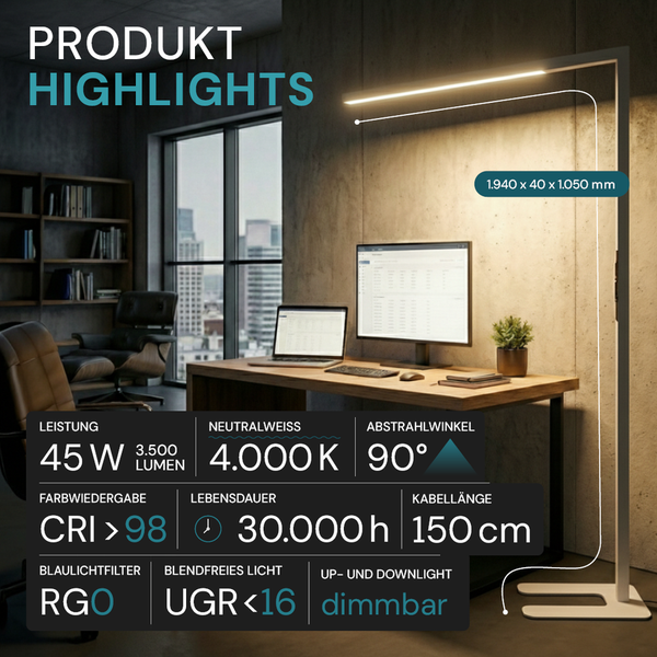 Stehleuchte im modernen Arbeitszimmer mit Produktdetails wie Leistung, Farbtemperatur und Lebensdauer.