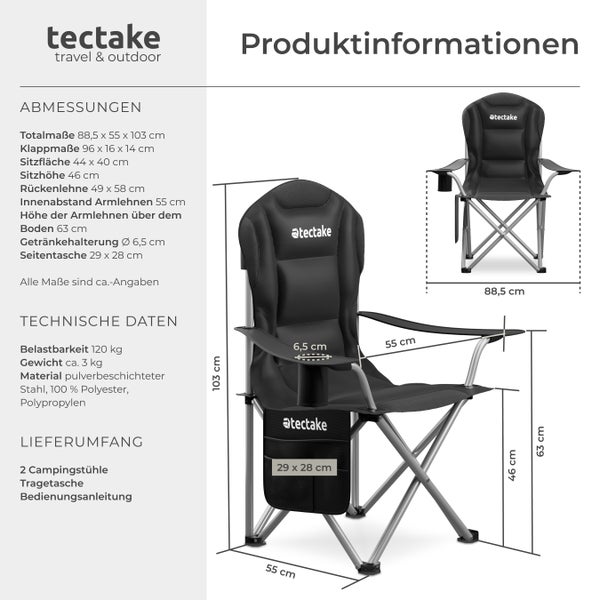 Gepolsterter Campingstuhl tectake MTX 88,5 x 55 x 103 cm, Belastbarkeit 120 kg faltbar, inkl. Tragetasche schwarz