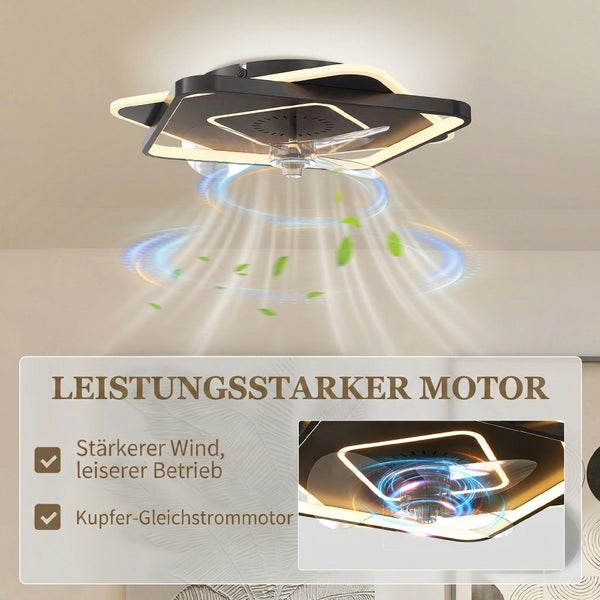 Moderner Deckenventilator mit Beleuchtung in einem hellen Wohnzimmer mit Sofa, Marmortisch und großer Fensterfront.
