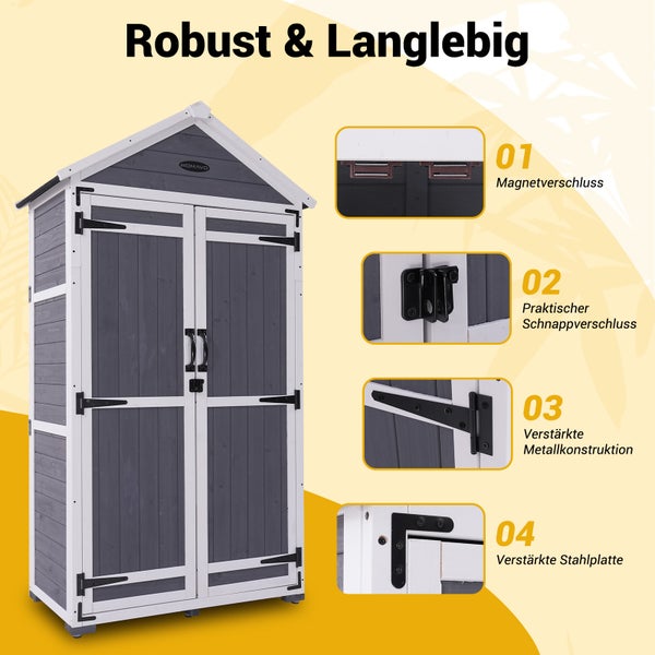 Homavo Logo. Grauer Garten-Geräteschrank aus Holz mit Magnetverschluss, Schnappverschluss, verstärkten Metallscharnieren und Stahlplatten.