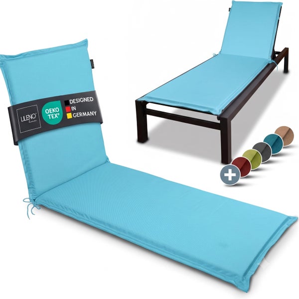 Lileno Home Liegenauflage für Sonnenliegen, OEKO-TEX zertifiziert, mit Befestigungsbändern und verschiedenen Farbmustern.