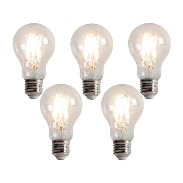 Fünf leuchtende LED-Filament-Leuchtmittel in klassischer Birnenform mit E27-Sockel und klarem Glas.