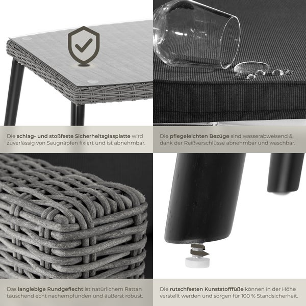 Rattan Lounge tectake Pula mit Sicherheitsglasplatte mit Aluminiumgestell grau