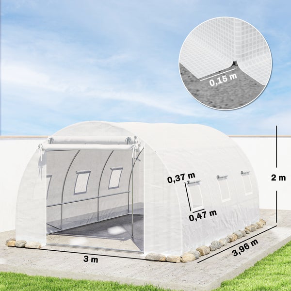 Folientunnel Gewächshaus mit Maßen: Breite 3 Meter, Länge 3,96 Meter, Höhe 2 Meter. Fenster 0,37 mal 0,47 Meter, Erdstreifen 0,15 Meter.