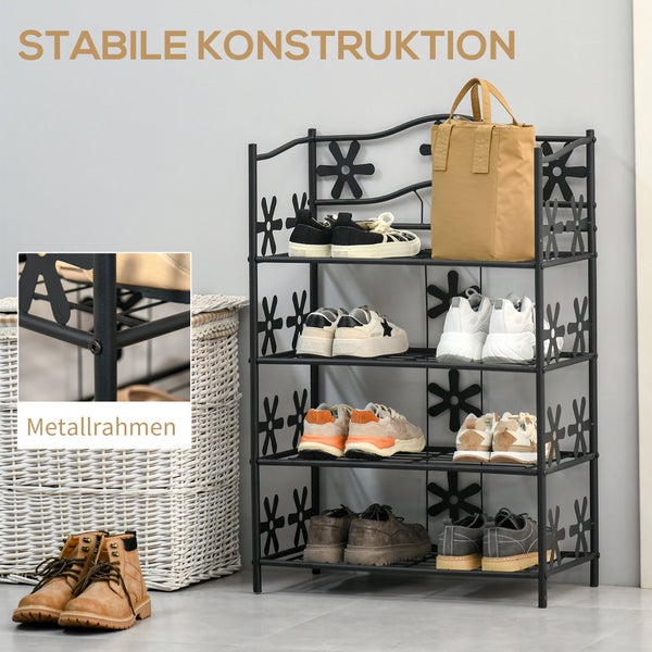 HOMCOM Pflanzenregal Schuhregal Blumenregal Pflanzentreppe Standregal Ständer 4 Etagen Metall Schwarz 59,5 x 30 x 92 cm