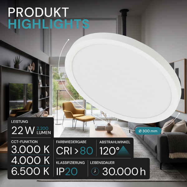 Rundes weißes LED-Panel, 22 Watt, 2200 Lumen, Farbtemperatur 3000 bis 6500 Kelvin, 300 Millimeter Durchmesser, 30000 Stunden Lebensdauer, IP20 Schutz.