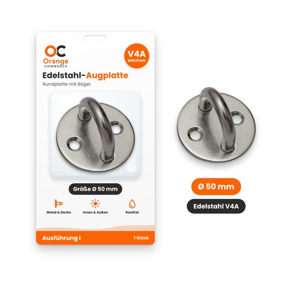 Orange Commerce Edelstahl Augplatte rund mit Bügel 50 Millimeter Durchmesser aus V4A Edelstahl für Wand und Deckenmontage im Innen und Außenbereich