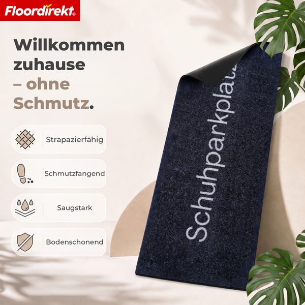 Floordirekt Logo und eine strapazierfähige Schmutzfangmatte mit dem Aufdruck Schuhparkplatz und rutschfester Unterseite für den Eingangsbereich.
