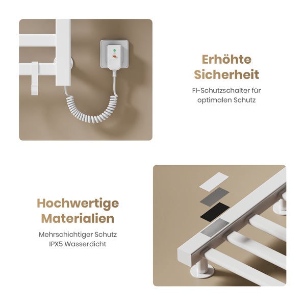 Handtuchheizkörper mit Fehlerstrom-Schutzschalter für Sicherheit und mehrschichtiger wasserdichter IPX5-Beschichtung.