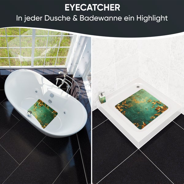 Badezimmer mit Badewanne, Dusche und Badewanneneinlage mit Blätterdesign