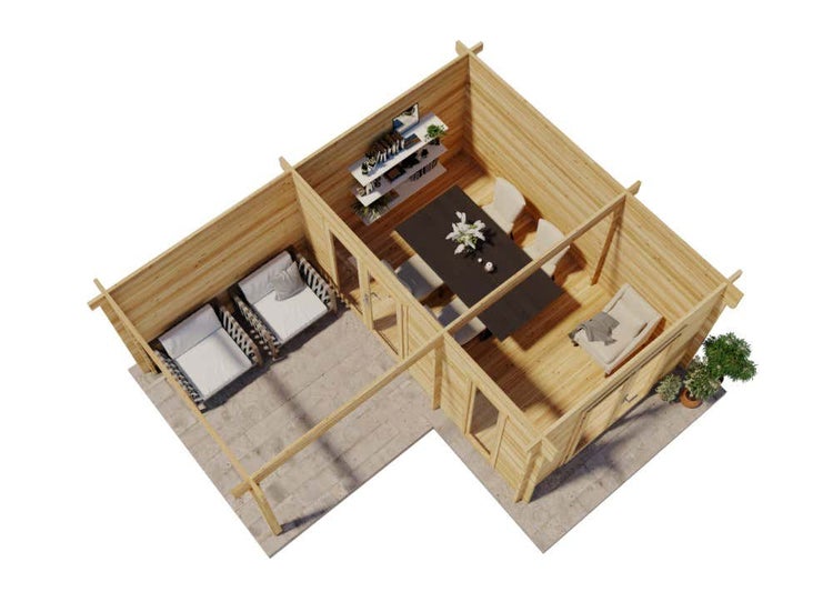 Grundriss eines Gartenhauses aus Holz mit Essbereich, Sesseln und Terrasse mit Außenmöbeln.