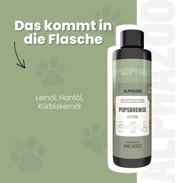 Alphazoo Pupsbremse Futteröl mit Leinöl, Hanföl und Kürbiskernöl in Flasche
