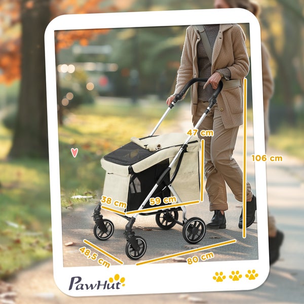 PawHut Hundewagen leicht Hundebuggy aus Aluminium klappbar für Hunde & Katzen Katzenbuggy mit Kissen Netzfenstern Türen Aufbewahrungskorb Katzenwagen Buggy Khaki