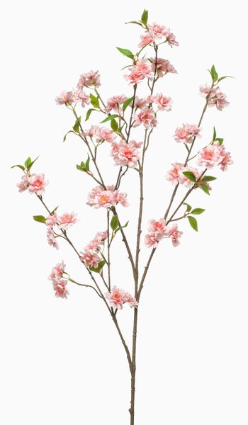 Künstlicher Kirschblütenzweig mit rosa Blüten und grünen Blättern.