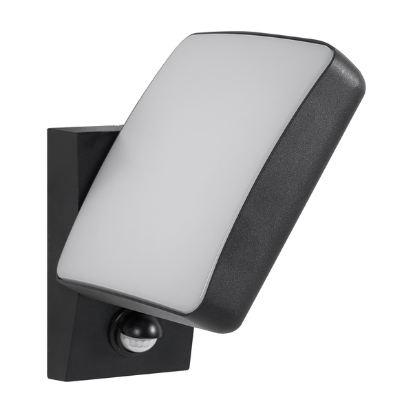 Moderne LED-Außenwandleuchte mit Bewegungsmelder und verstellbarem Leuchtenkopf.