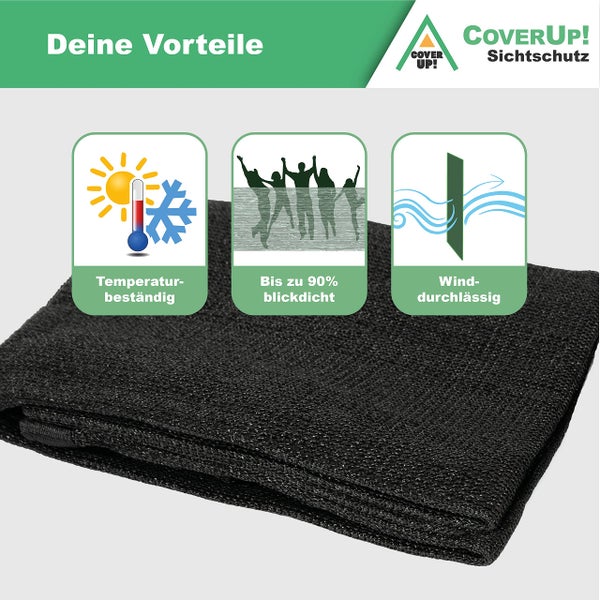 CoverUp! Balkon Sichtschutz 0,9m x 6m (180 g/m²) – Balkonverkleidung Terrassensichtschutz Blickdicht – inkl. 50 Klett-Kabelbinder - schwarz