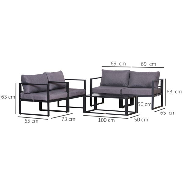 Outsunny Vierteiliges Gartenmöbel Set, Sitzgruppe, Sofa mit Sitzkissen, Tisch mit Stauraum, Polyester, Grau, 138 x 69 x 63 cm