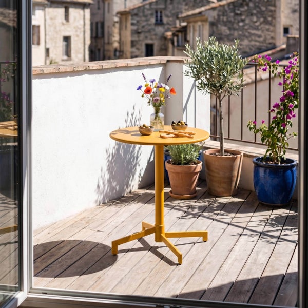 Gelber runder Bistrotisch aus Metall auf einem Holzbalkon mit Pflanzen und Blumen in heller mediterraner Atmosphäre.