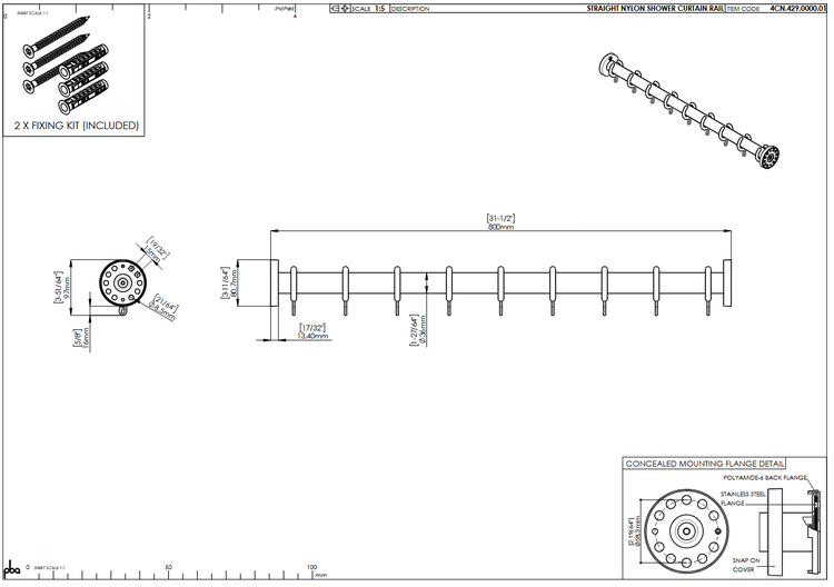 Technische Zeichnung einer geraden Duschvorhangstange aus Nylon mit Maßen 800 Millimeter, Ringen und Montagematerial.