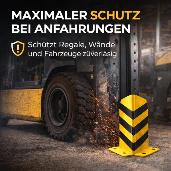 Gelb-schwarzer Eckschutz im Lager. Ein Gabelstapler fährt gegen einen Pfosten und verdeutlicht den Schutz von Regalen und Wänden.