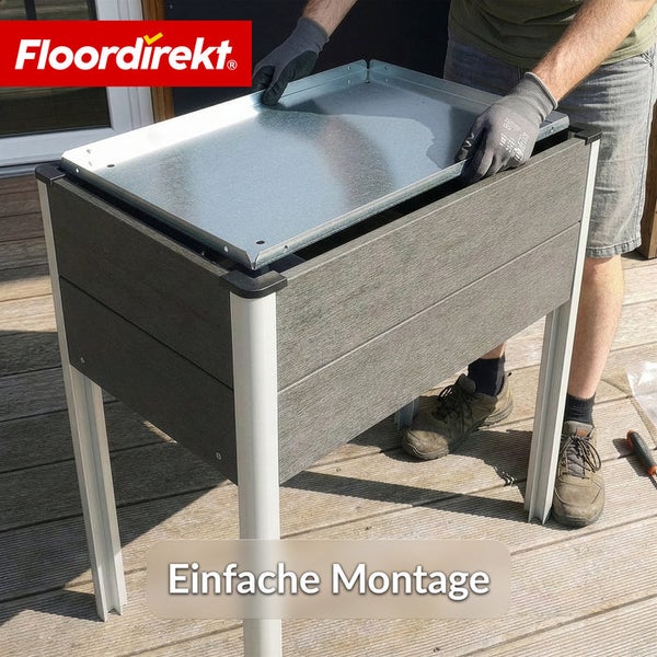 Aufbau eines Hochbeets mit Metalleinsatz und Kunststoffverkleidung.