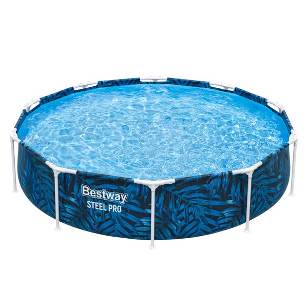 Runder blauer Bestway Steel Pro Rahmenpool mit tropischem Blattmuster und stabilem Stahlrahmen.