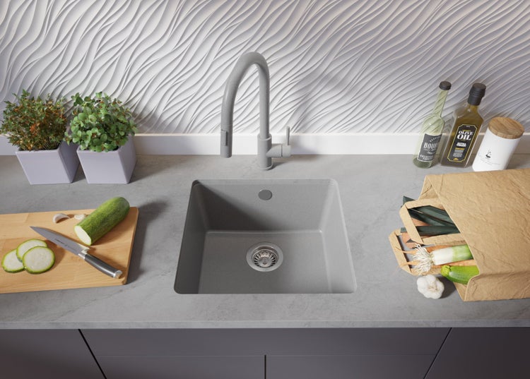 PRIMAGRAN Unterbauspüle Granit Grau 46x44cm, Spülbecken 1 Becken + Ablauf-Set, Granitspüle ab 50er Unterschrank - Venedig Easy