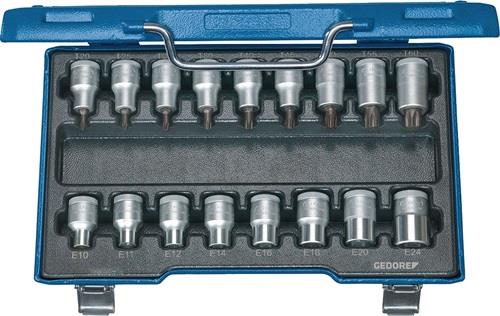 Gedore Steckschlüsselsatz mit Torx- und E-Profilen in blauer Metallkassette