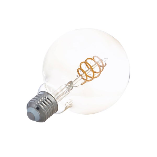 LED-Filament-Leuchtmittel in Globeform mit E27-Sockel, klarem Glas und spiralförmigem Filament.