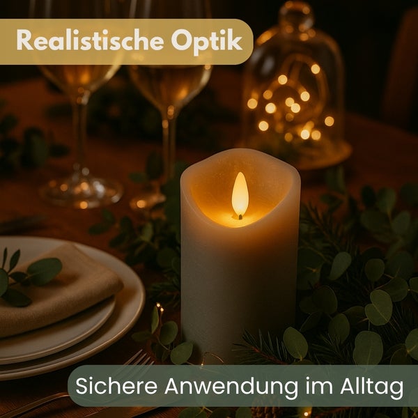 Dekorative LED-Kerze mit den Maßen 15 cm Höhe und 7,5 cm Durchmesser