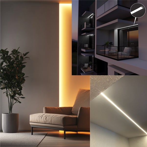 LED Aluminium Einbauprofil für indirekte Beleuchtung in Innenräumen und Außenbereichen an Balkonen zur Montage in Wand oder Decke.