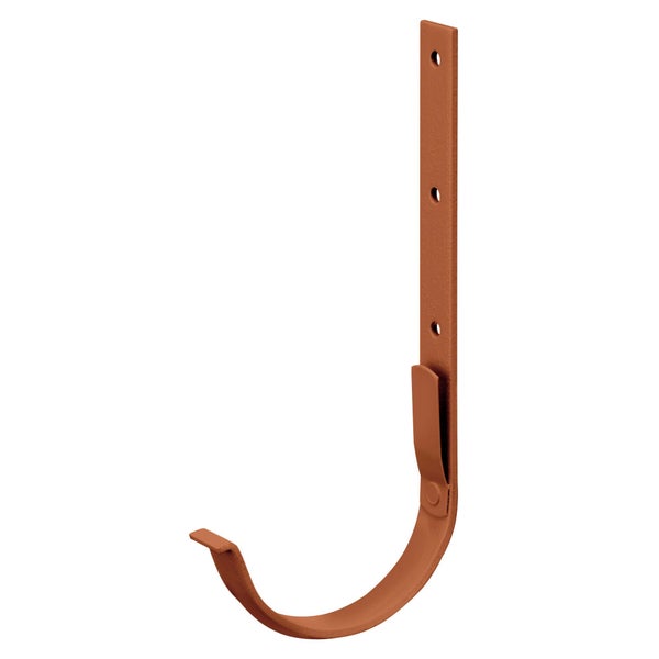 Rinnenhalter aus Metall für Dachrinnen in Kupferbraun mit Befestigungslöchern.