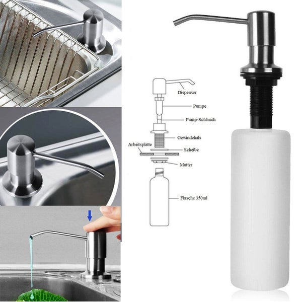 Einbau Seifenspender mit drei hundertfünfzig Milliliter Flasche inklusive Montageanleitung für Küchenspülen.