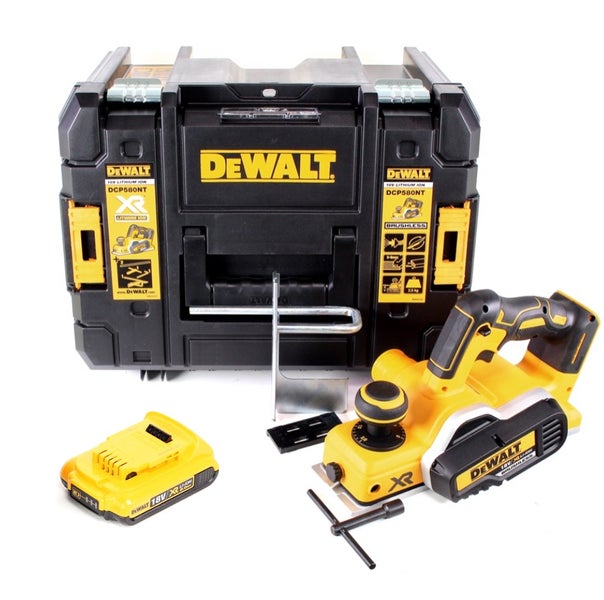 DeWalt Akku-Hobel DCP580 mit Koffer, Akku, Parallelanschlag und Montageschlüssel.