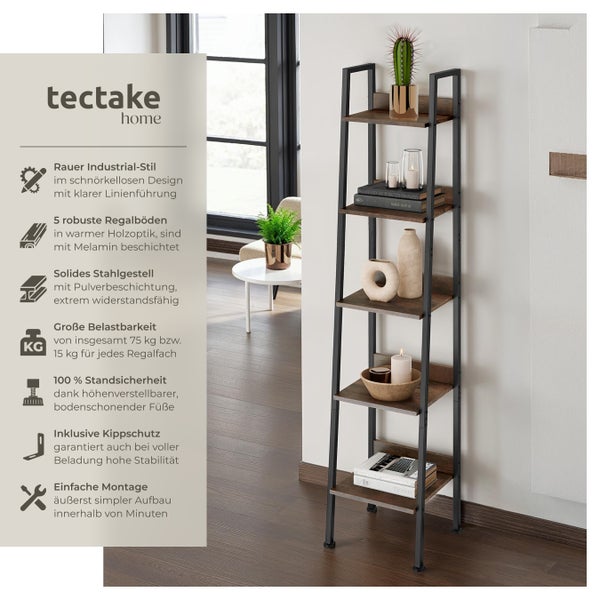 Leiterregal tectake Folkestone inklusive Kippschutz, 35,5 x 31,5 x 170,5 cm Industrial Style Industrial Holz dunkel, rustikal