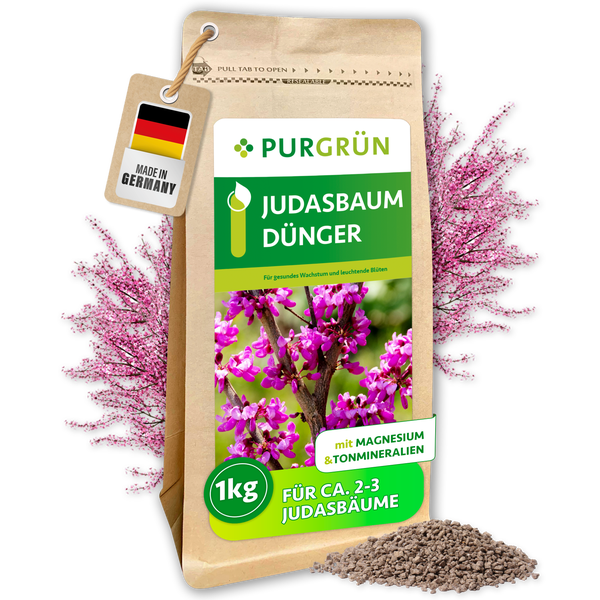 Purgrün Judasbaum Dünger in der 1 Kilogramm Packung mit Magnesium und Tonmineralien für circa zwei bis drei Bäume, hergestellt in Deutschland.