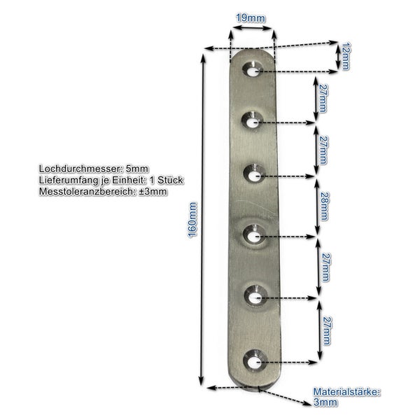 Flachverbinder aus Metall 160 mal 19 mal 3 Millimeter mit 6 Senkbohrungen inklusive Maßangaben zur Befestigung