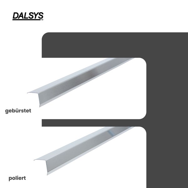 Dalsys Logo und Vergleich von Fliesenschienen in den Ausführungen gebürstet und poliert.