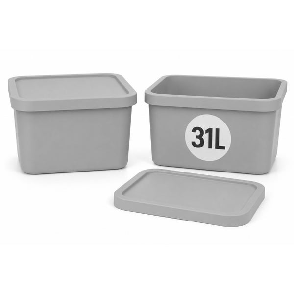 Zwei rechteckige Aufbewahrungsboxen aus Kunststoff mit Deckel und einem Fassungsvermögen von 31 Litern