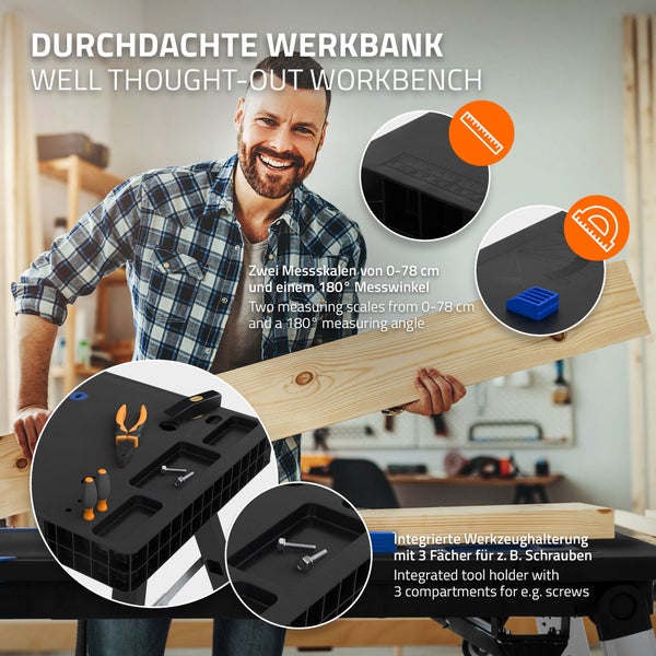 ECD Germany 5 in 1 Multifunktionale Werkbank klappbar, 94x48x80 cm, Mobile Werktisch, 150kg, Arbeitstisch Werkstatt höhenverstellbar, Aufgedruckte Skala & Winkelangaben, Rollwagen Rollbrett Sägebock