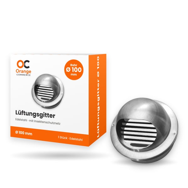 Lüftungsgitter aus Edelstahl mit Insektenschutznetz, Durchmesser 100 Millimeter, inklusive Verpackung Orange Commerce Logo.